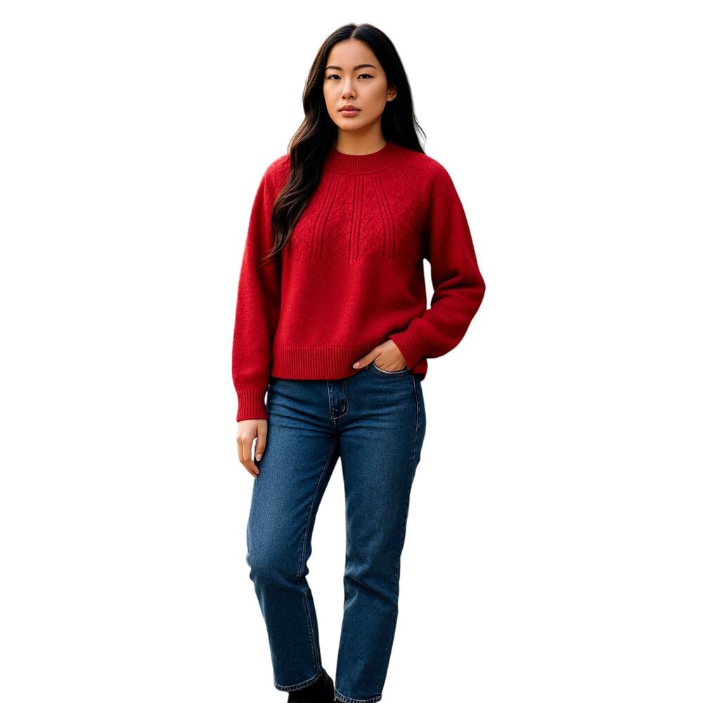 Joie Mock Neck Cable knit Pullover Sweater Long Sleeve Raspberry Red Size S NWOT - Picture 2 of 13